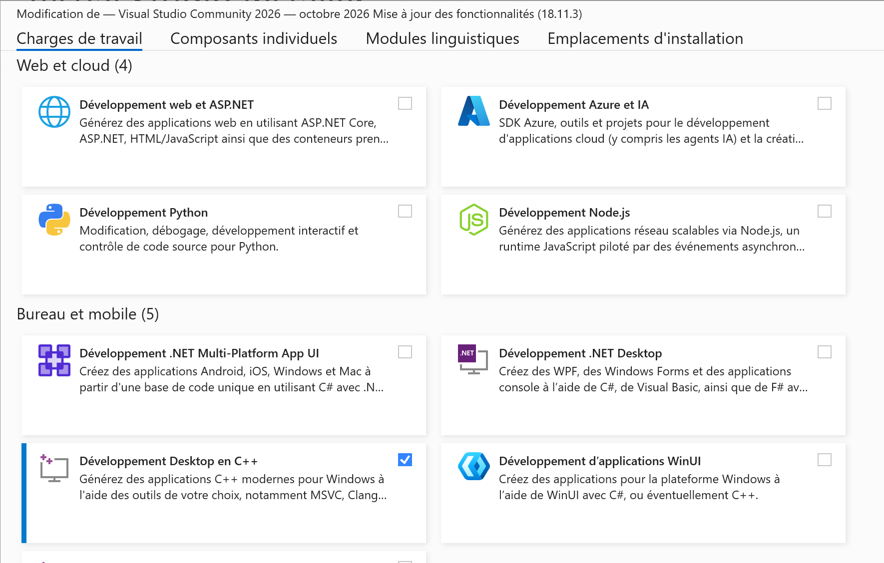 Développement Desktop en C++ coché